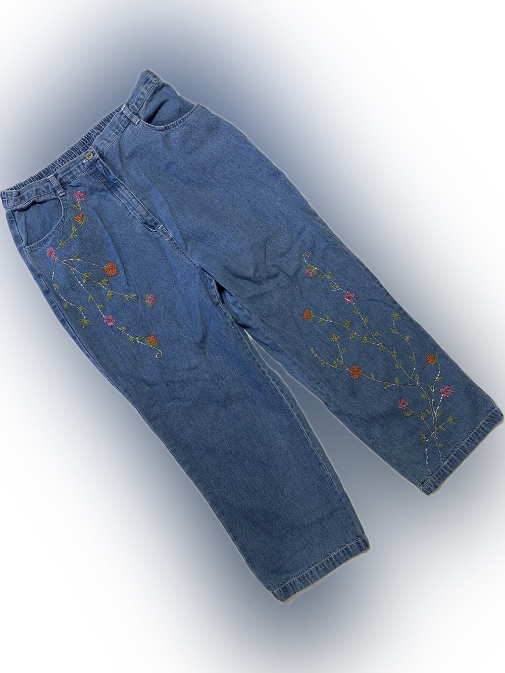 Studio Embroidered Blue Denim Straight-Leg Jeans